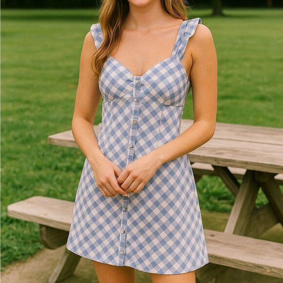 Anthropologie Saylor hadleigh gingham button blue plaid sweetheart mini dress - Picture 1 of 12